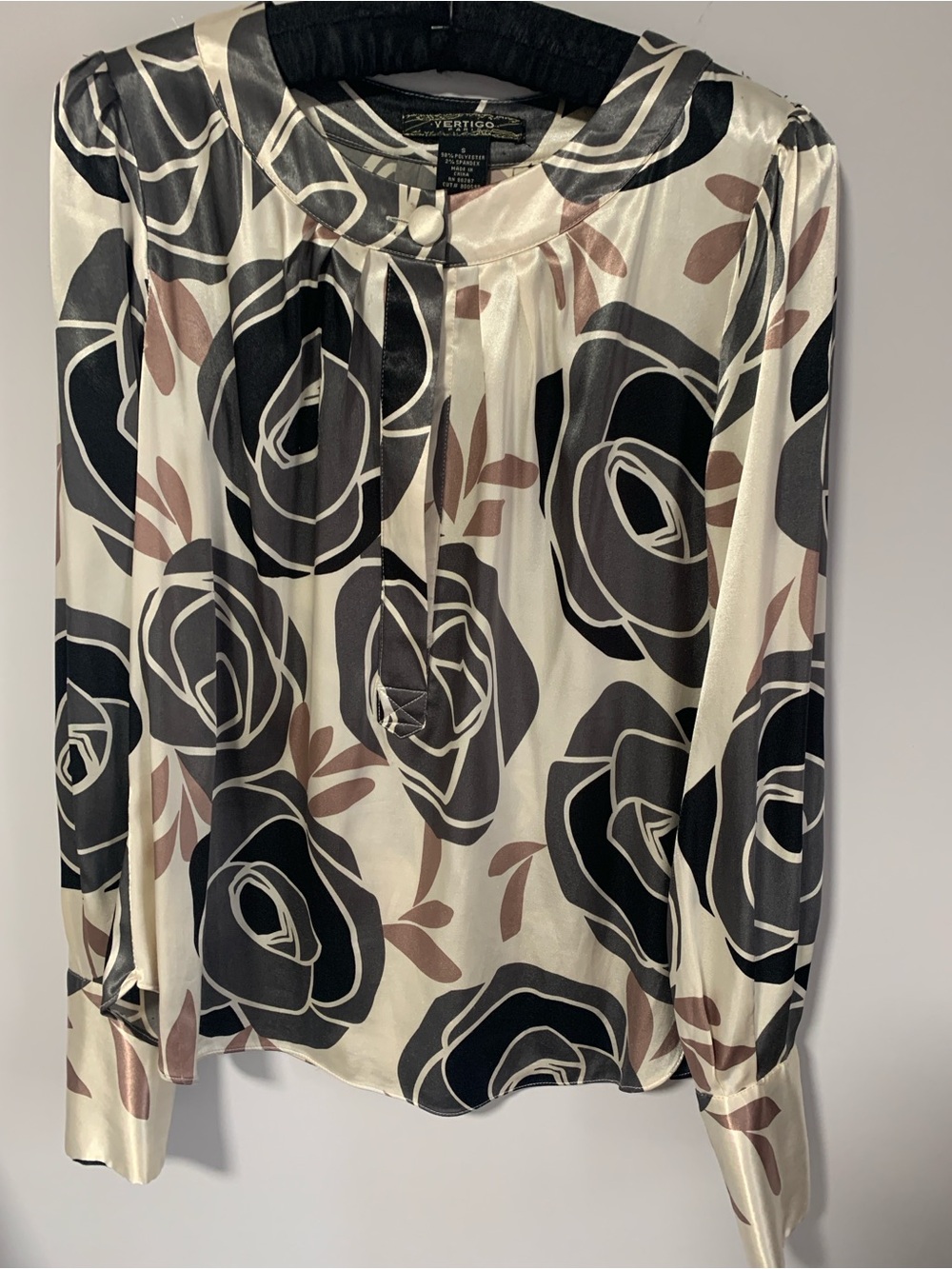 Vertigo Paris Cream Satin Blouse with Black and Taupe Floral Print